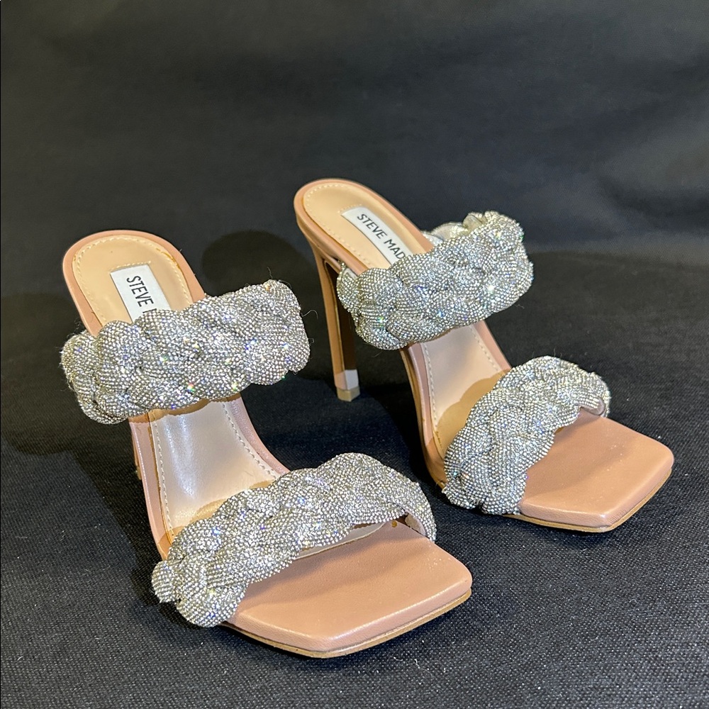 Steve Madden Kenley-R Silver Rhinestone Braided High Heel Sandal